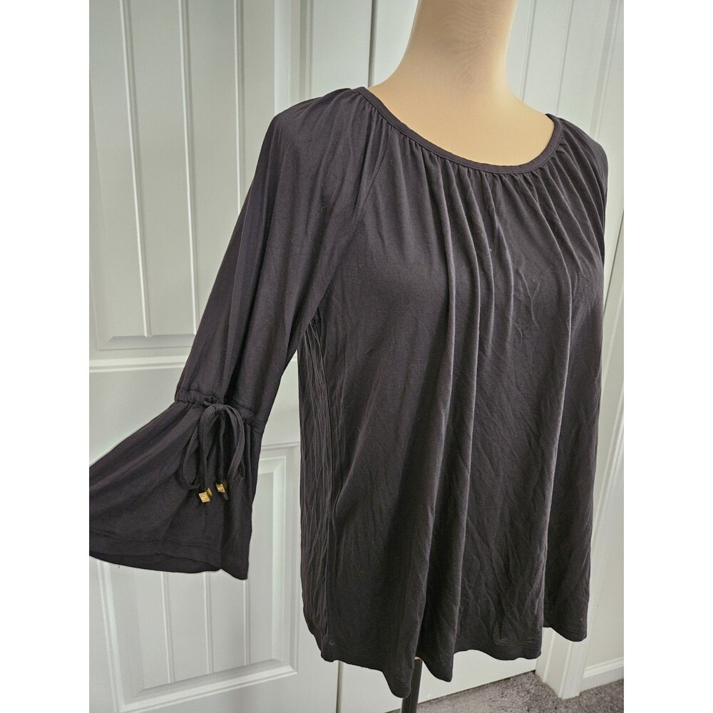 Michael Kors Black 3/4 Bell Sleeve Peasant Top With Elbow Ties Sz M